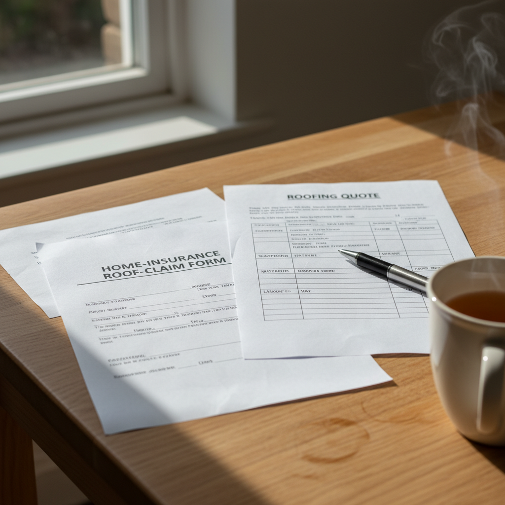 Home insurance claim form and itemised roof repair quote on a Liverpool kitchen table