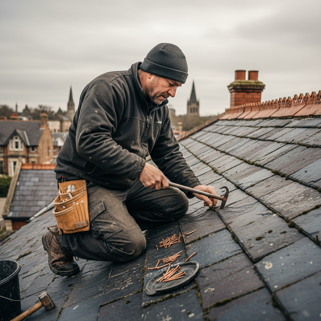 Roofer replacing rusted steel nails with copper nails on a Liverpool Victorian villa slate roof