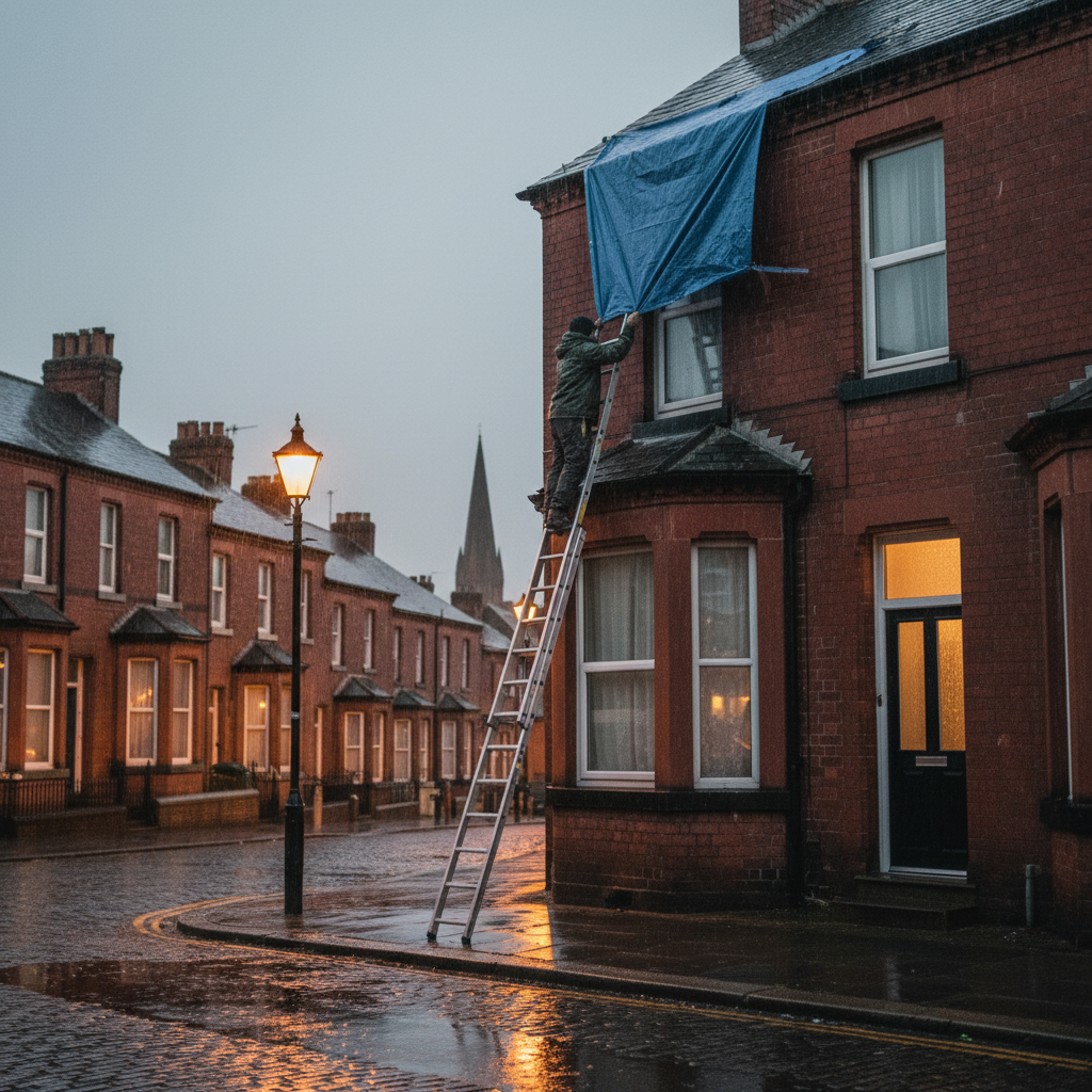 Roofer securing a tarpaulin on a Liverpool Victorian terrace in light rain