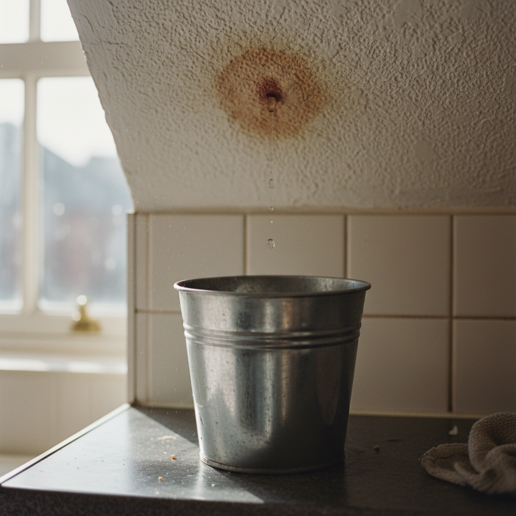 Water stain and bucket in a Liverpool kitchen after a roof leak