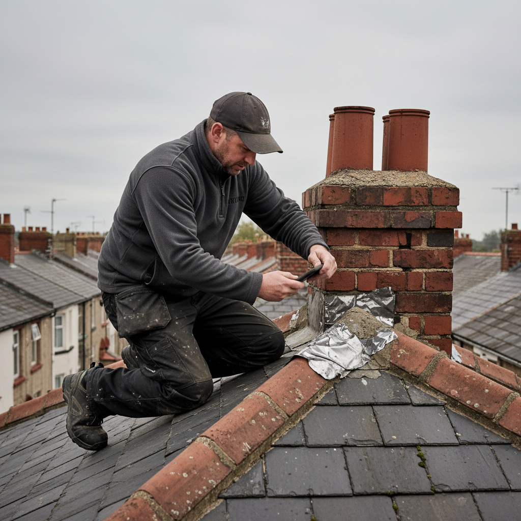 Roofer photographing lead flashing damage on a Liverpool slate roof